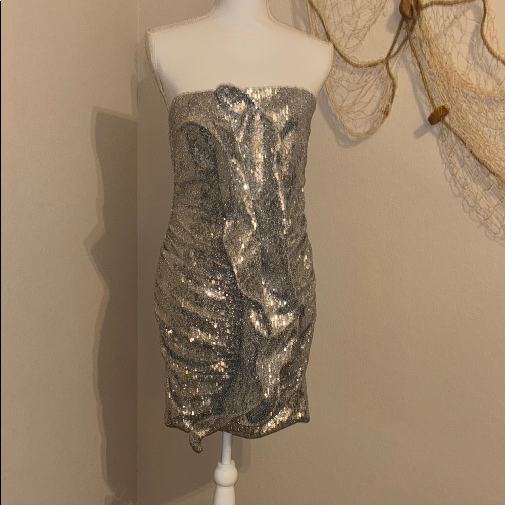 Silver Sequin Strapless Party Dress - Picture 7 of 7